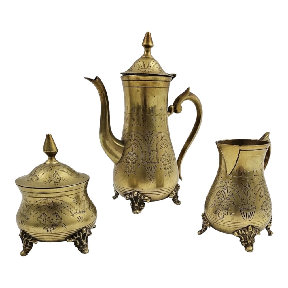 Vintage Tea Pot Set w/ Creamer Sugar Bowl Etched EPNS Gold Tone Glam Victorian